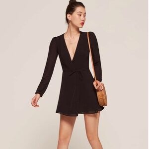 Reformation "Polk" Plunging Black Wrap Minidress, Petite M